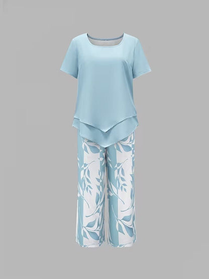 Short Sleeve Two Piece Set with Printed Pants