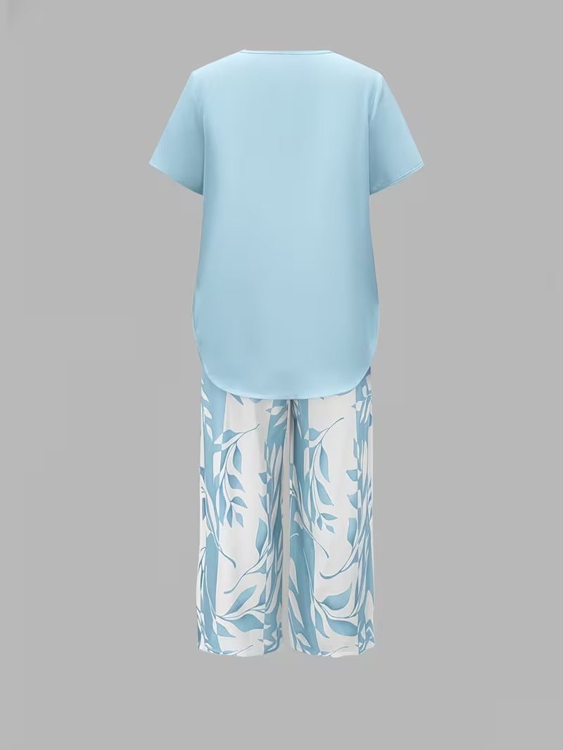 Short Sleeve Two Piece Set with Printed Pants