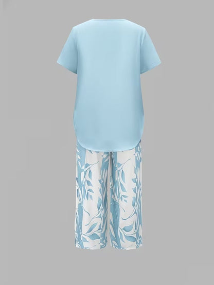 Short Sleeve Two Piece Set with Printed Pants