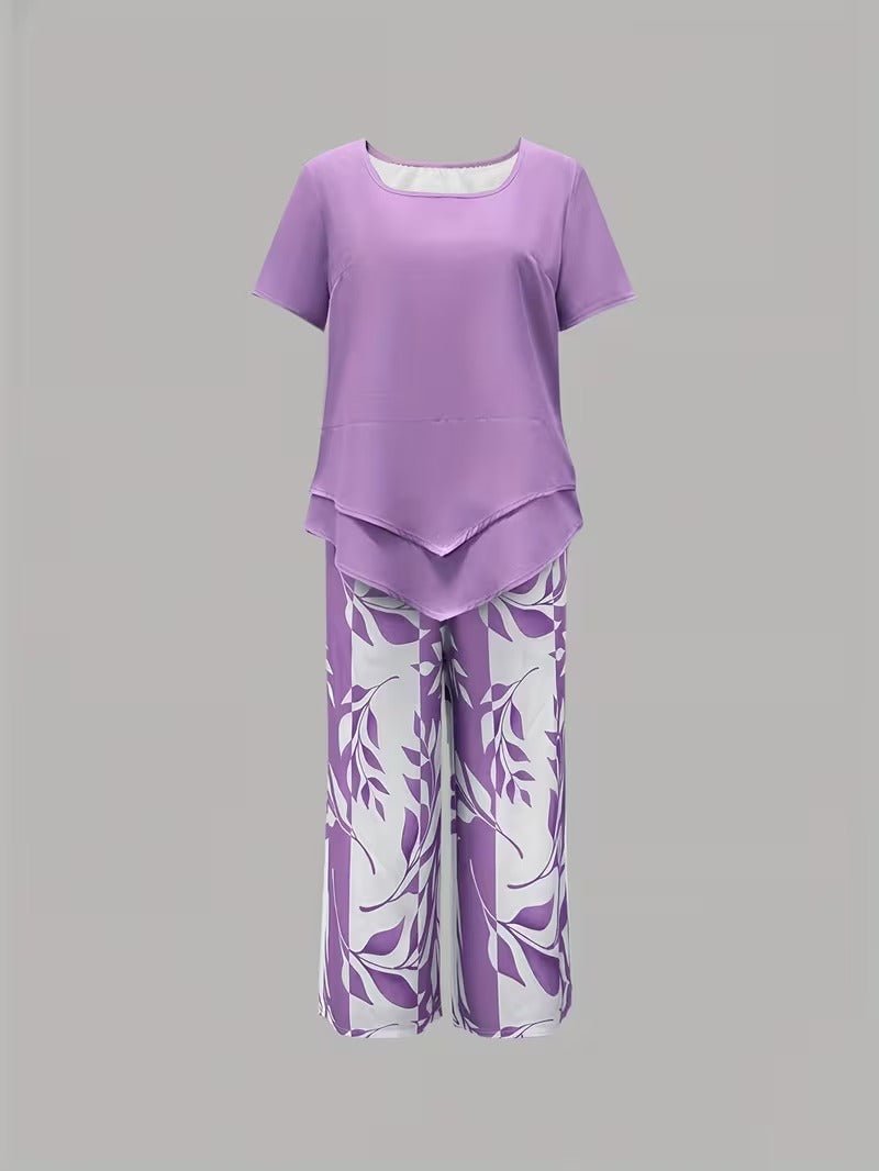 Short Sleeve Two Piece Set with Printed Pants