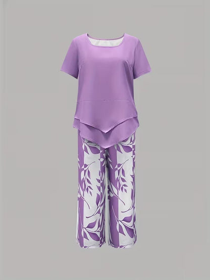 Short Sleeve Two Piece Set with Printed Pants