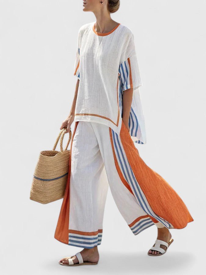 Striped Two Piece Set with Wide Leg Pants