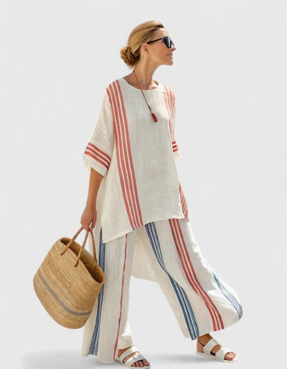 Striped Two Piece Set with Wide Leg Pants