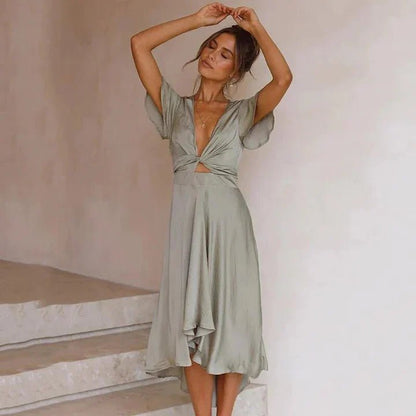 Pink Flowy Midi Dress with Tie Front