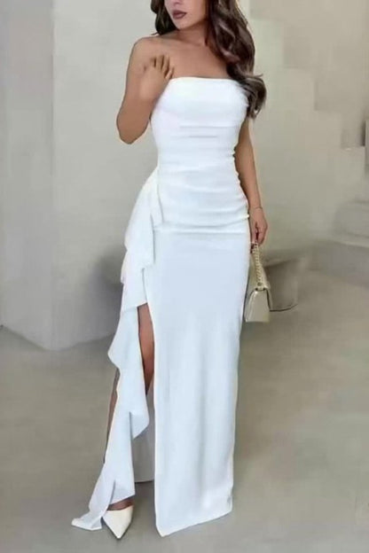 White Strapless Maxi Dress with High Slit