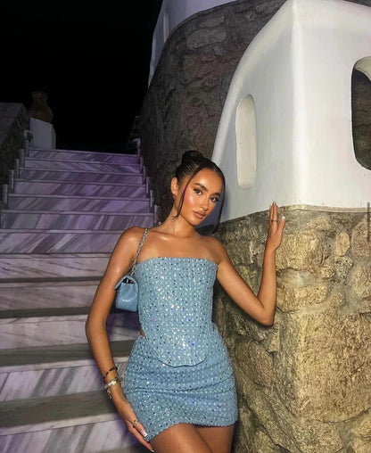 Blue Strapless Sequin Mini Dress