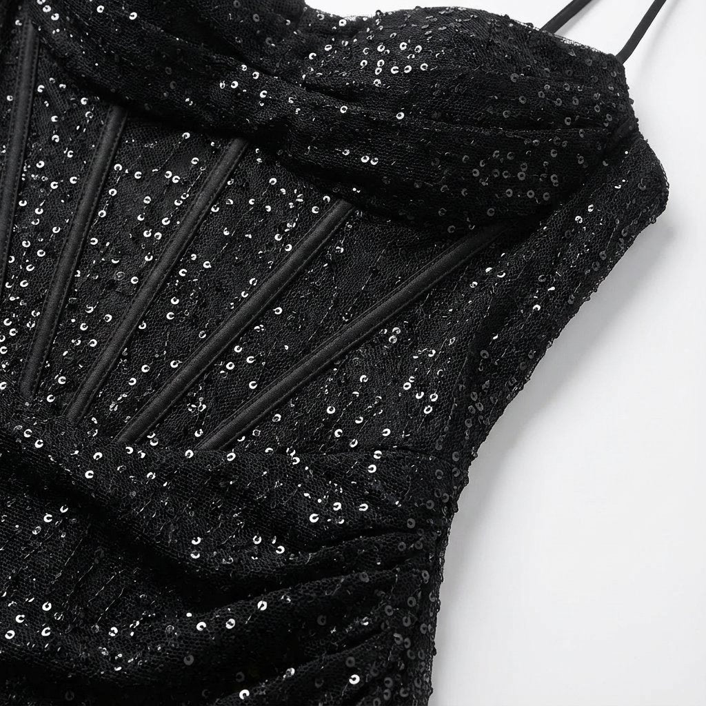 Black Strapless Sequin Evening Dress with High Slit