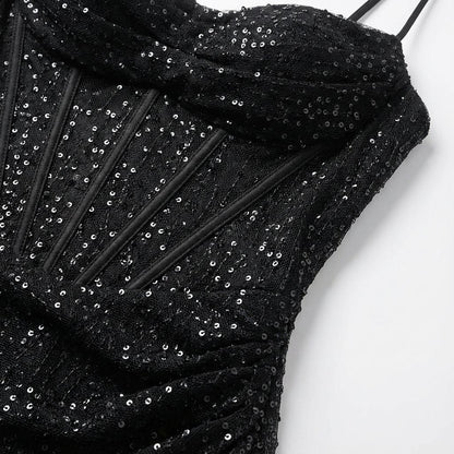 Black Strapless Sequin Evening Dress with High Slit