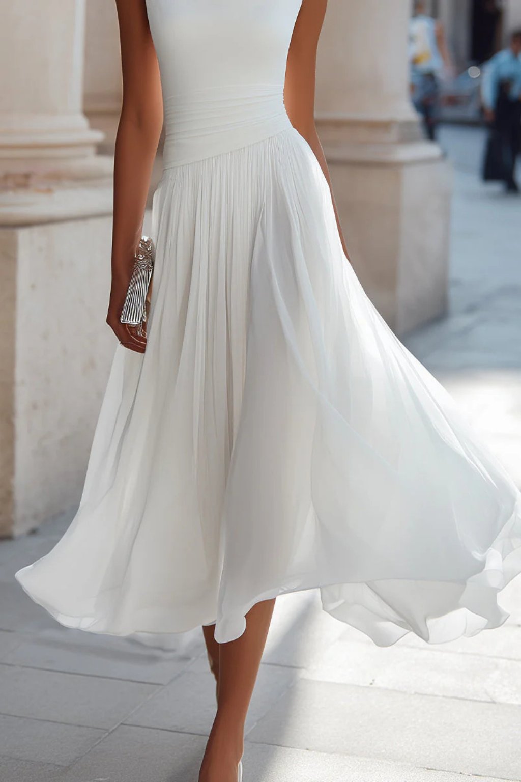 Sleeveless A-Line Midi Dress with Flowy Skirt