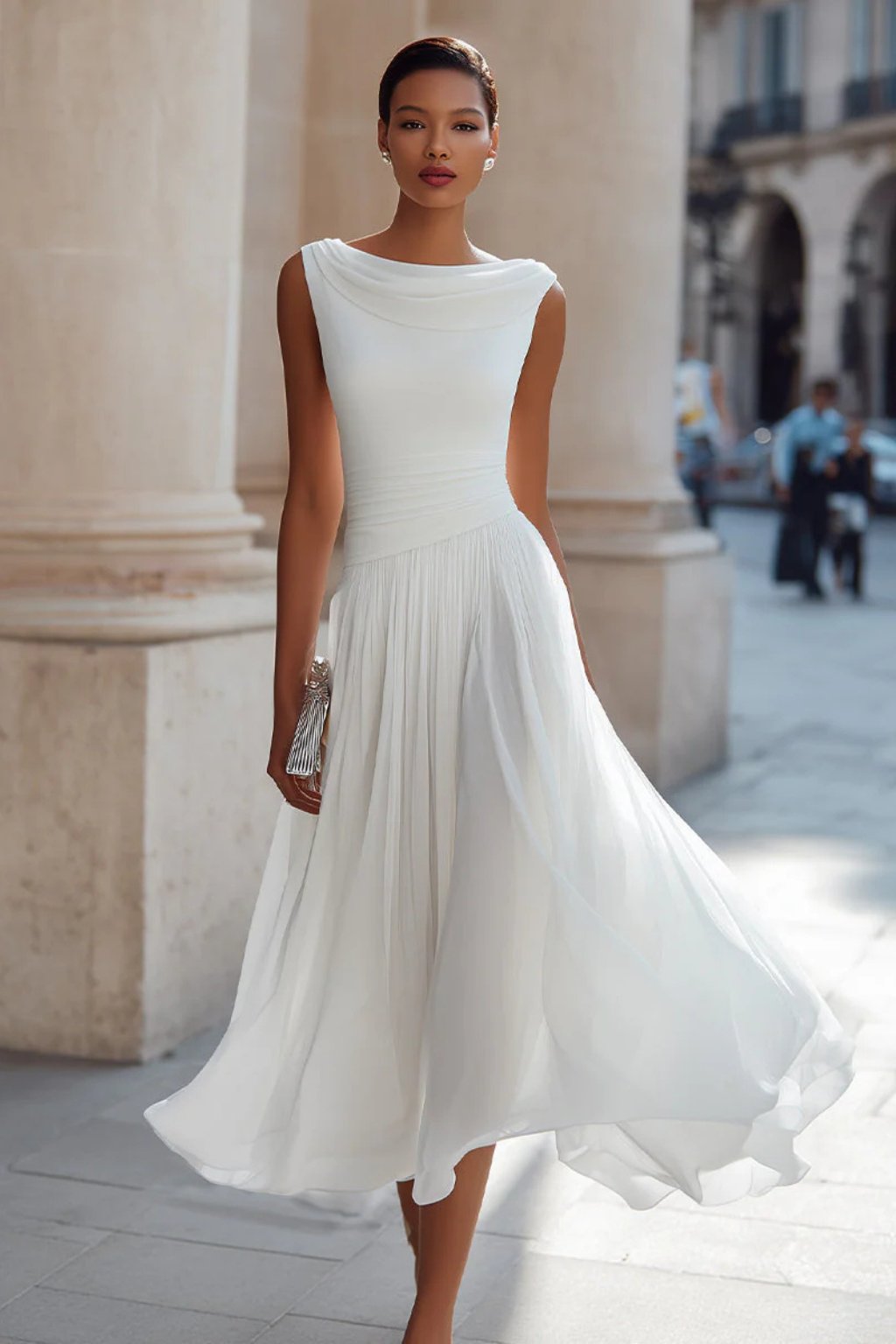 Sleeveless A-Line Midi Dress with Flowy Skirt