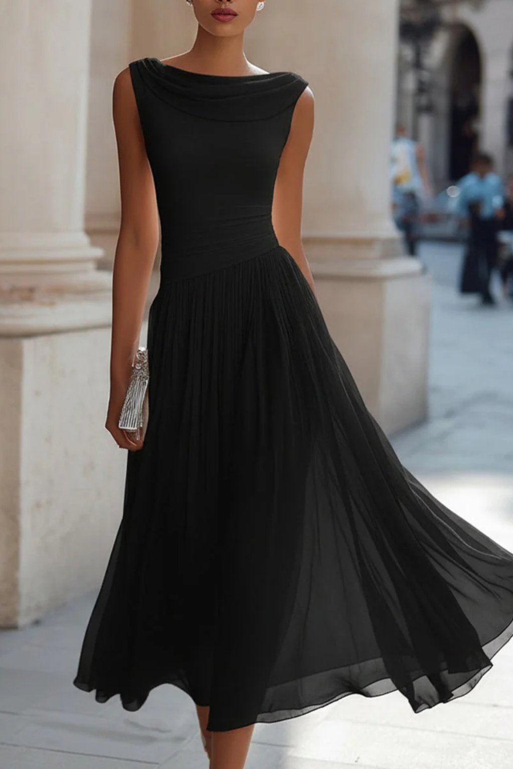 Sleeveless A-Line Midi Dress with Flowy Skirt