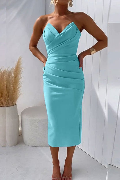 Ruched Strapless Midi Dress with Wrap Front