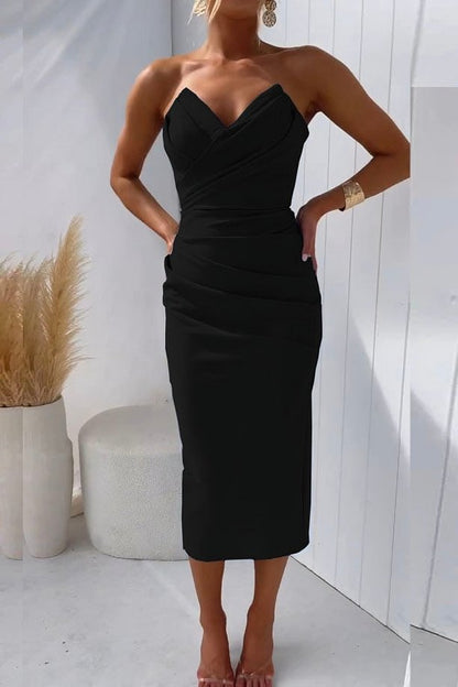 Ruched Strapless Midi Dress with Wrap Front