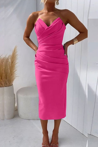 Ruched Strapless Midi Dress with Wrap Front