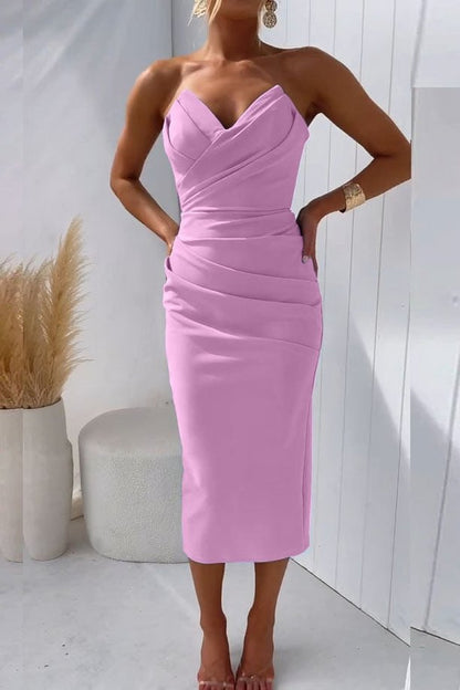 Ruched Strapless Midi Dress with Wrap Front