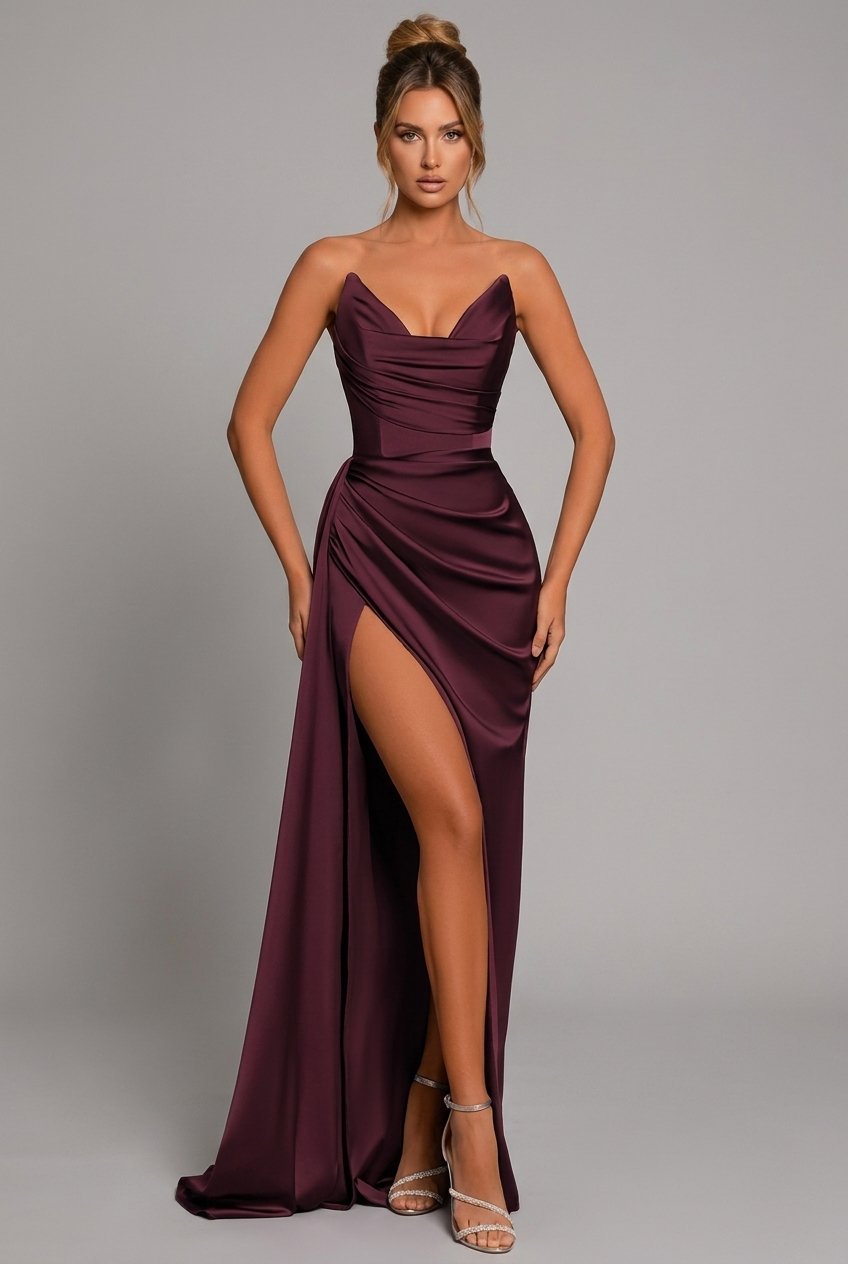 Strapless Satin Maxi Dress with High Slit