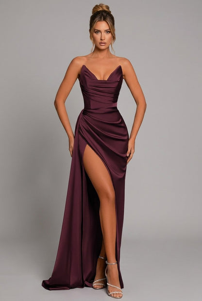Strapless Satin Maxi Dress with High Slit