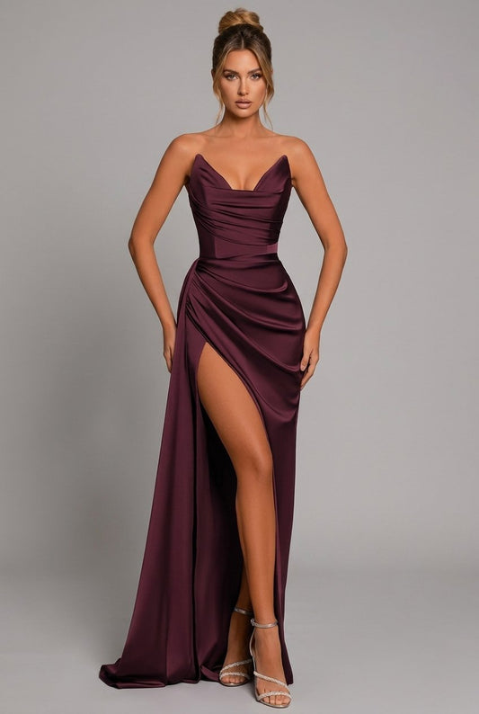 Strapless Satin Maxi Dress with High Slit
