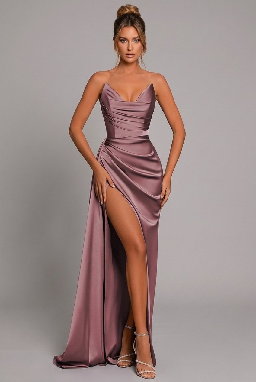 Strapless Satin Maxi Dress with High Slit