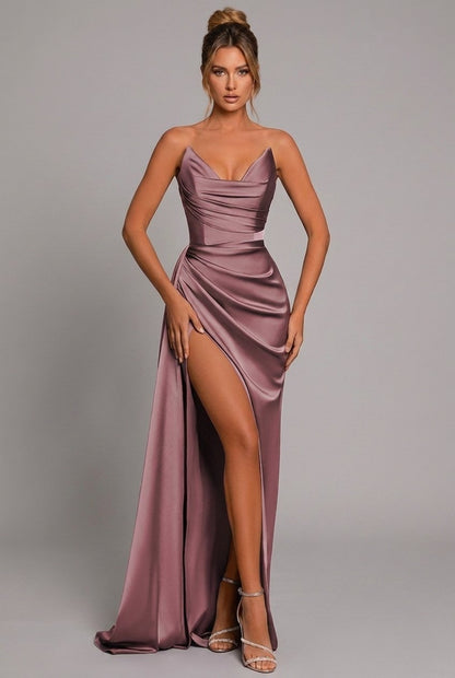 Strapless Satin Maxi Dress with High Slit