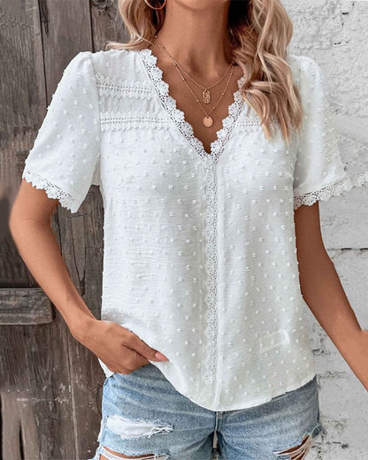 White Textured V Neck Blouse