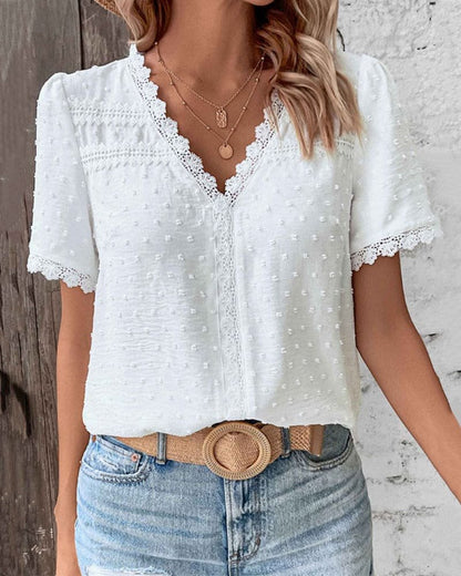 White Textured V Neck Blouse