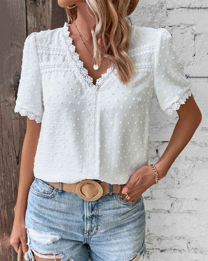 White Textured V Neck Blouse