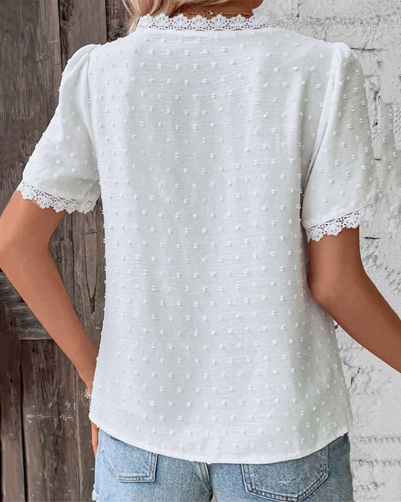 White Textured V Neck Blouse