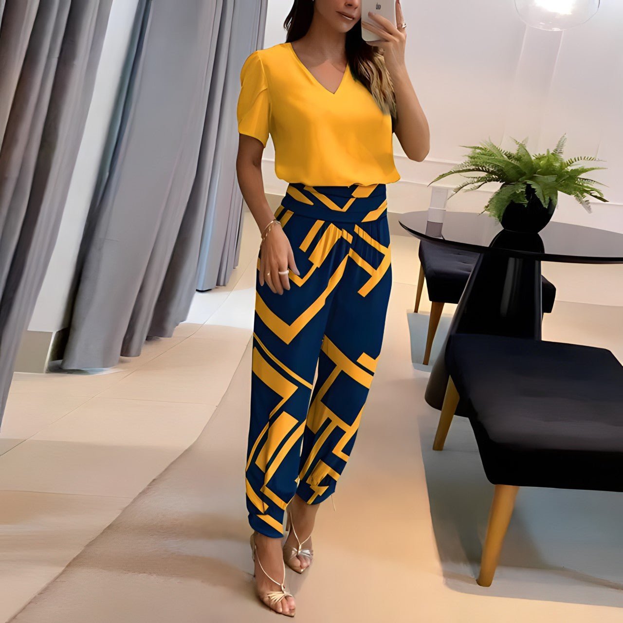 Printed Two Piece Set with Wide Leg Pants