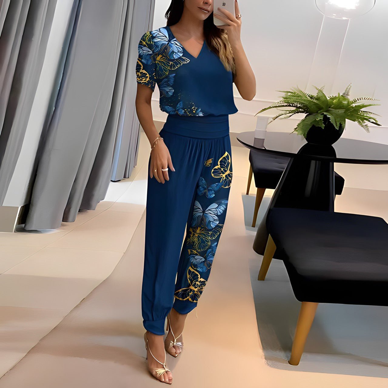 Printed Two Piece Set with Wide Leg Pants