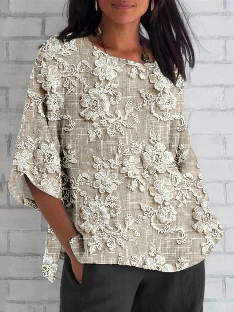Textured Floral Blouse with Short Sleeves