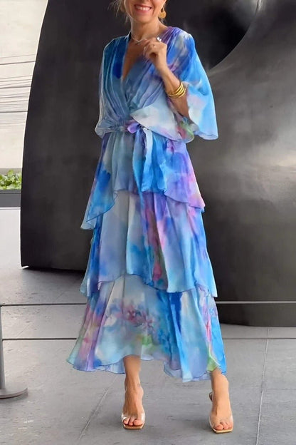 Blue Ruffle Chiffon Wedding Guest Dress