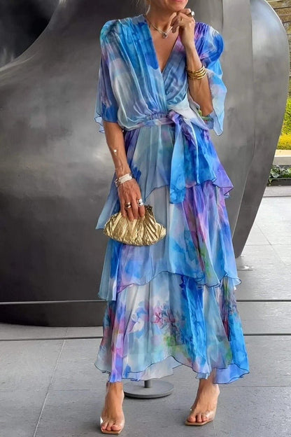 Blue Ruffle Chiffon Wedding Guest Dress