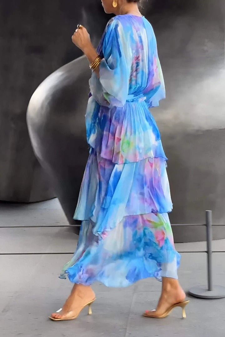 Blue Ruffle Chiffon Wedding Guest Dress
