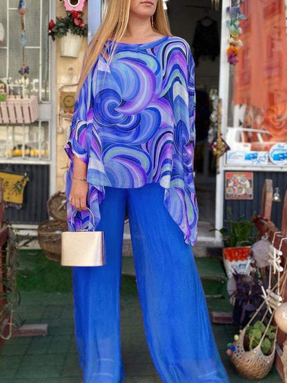 Effortless Printed Two Piece Set for Women with Batwing Sleeve Style