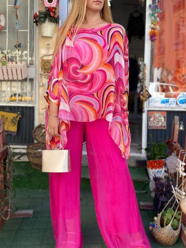 Effortless Printed Two Piece Set for Women with Batwing Sleeve Style