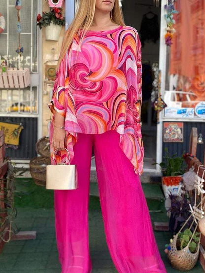 Effortless Printed Two Piece Set for Women with Batwing Sleeve Style