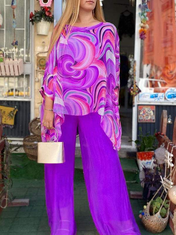 Effortless Printed Two Piece Set for Women with Batwing Sleeve Style